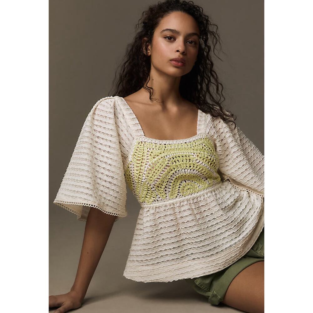 NWT $78 Anthropologie Sarah Hann Cream Flutter-Sleeve Crochet Top